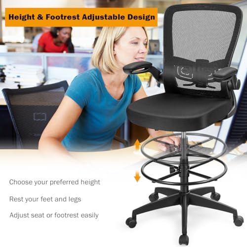 Giantex Drafting Chair High Back Office Chairs with Footrest Ring Flip-Up Armrest Height Adjustable Executive Desk Chair Ergonomic Mesh Computer Task Chair Lumbar Support Tall Office Chair (1, Black)