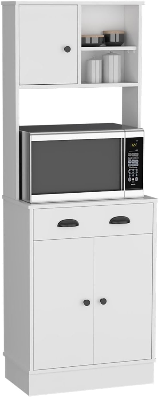Kitchen Pantry 67" H, Two Cabinets, Three Doors, Two Open Shelves, One Drawer, Microwave Storage Option,for Kitchen