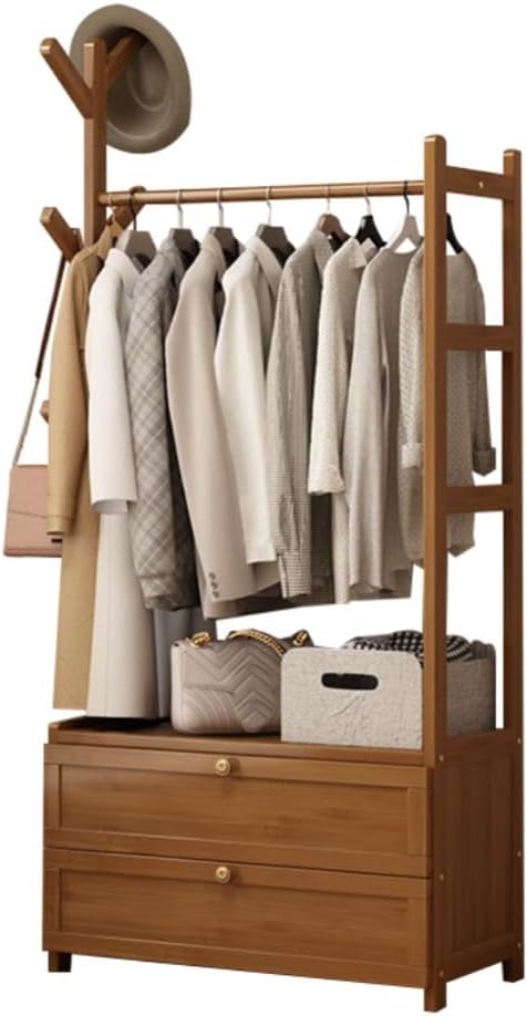 Wooden Coat Stand - Portable Freestanding Garment Rack with Hooks, Storage Shelves & Shoe Bench for Bedroom, Hallway, Entryway - Stylish Open Wardrobe Solution