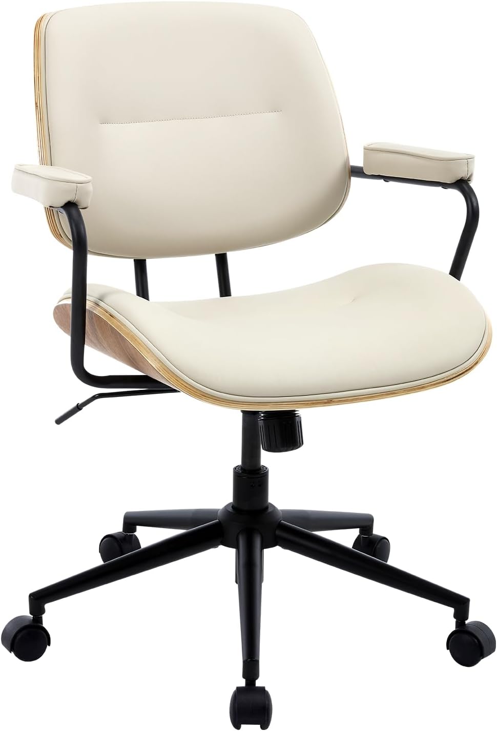 Mid Century Modern Office Chair with Adjustable Backrest, Wooden Desk Chair with Armrests, Swivel Height Adjustable Home Office Chair, Comfortable Task Chair for Home Office, Beige