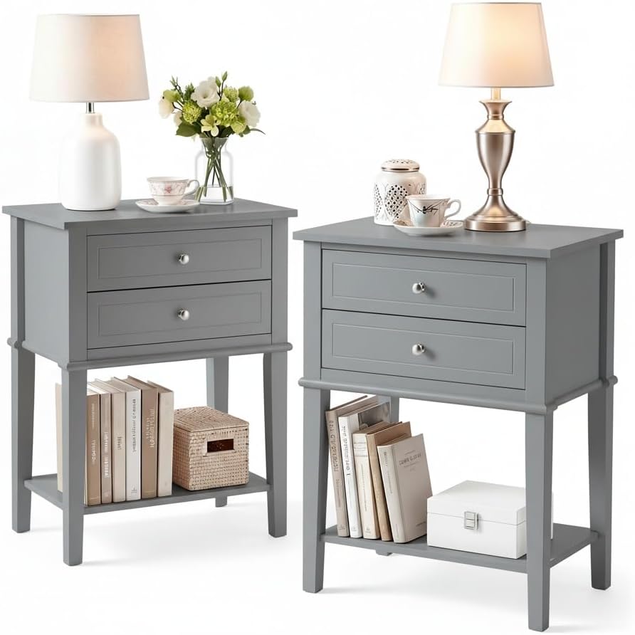 SEJOV EJOV 28" Tall Nightstand Set 2 with 2 Drawers and Open Shelf, Gray | Modern Bedside Table, Larger Wooden End Table Farmhouse Style Night Stand with 26inch Wide Desktop & Spray-painted Surface