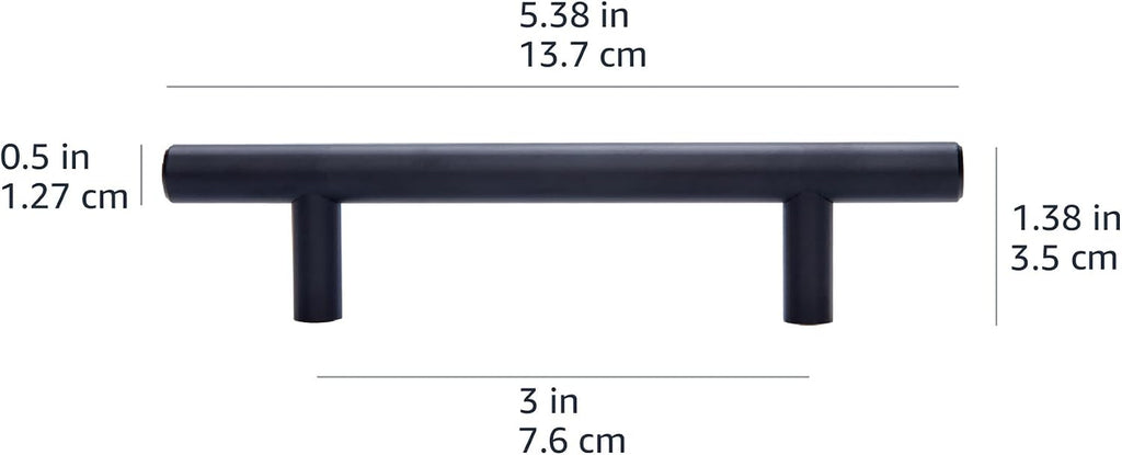 Amazon Basics Euro Bar Cabinet Handles, Drawer Pulls, 5.38-inch Length, 3-inch Hole Center, 1/2-inch Diameter, Matte Black, 20-Pack, AB1500-FB-10