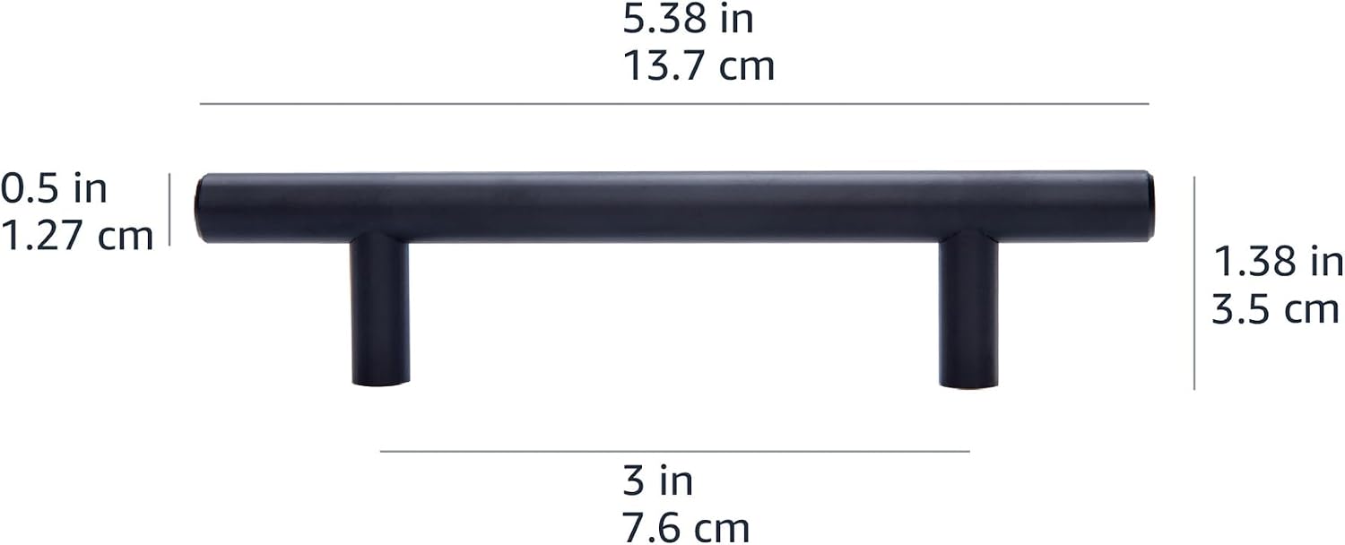 Amazon Basics Euro Bar Cabinet Handles, Drawer Pulls, 5.38-inch Length, 3-inch Hole Center, 1/2-inch Diameter, Matte Black, 20-Pack, AB1500-FB-10