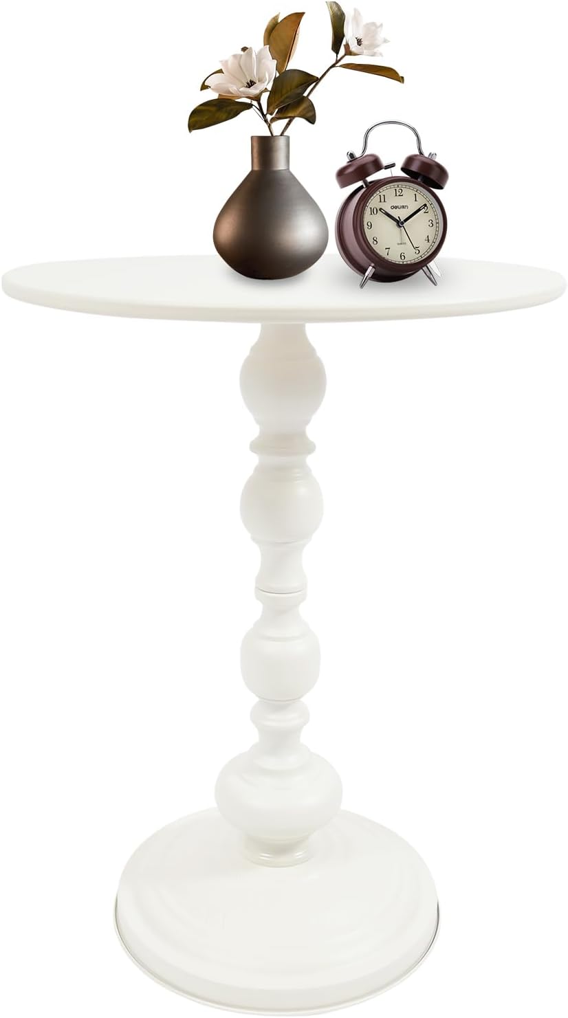 End Table, Vintage Metal Side Table, 15.7 x 20.5 Inch Sofa Round Side Table Nightstand Decorative Small Accent Pedestal Table for Living Rooms, Bedroom, Bars, Office, Corners (White)