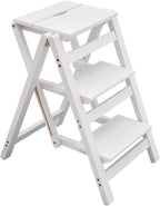 Step Stool for Adults Step Ladder Counter Chair, 3-Step Folding Portable Wooden Step Stool for Library Home Kitchen, 220 lbs White