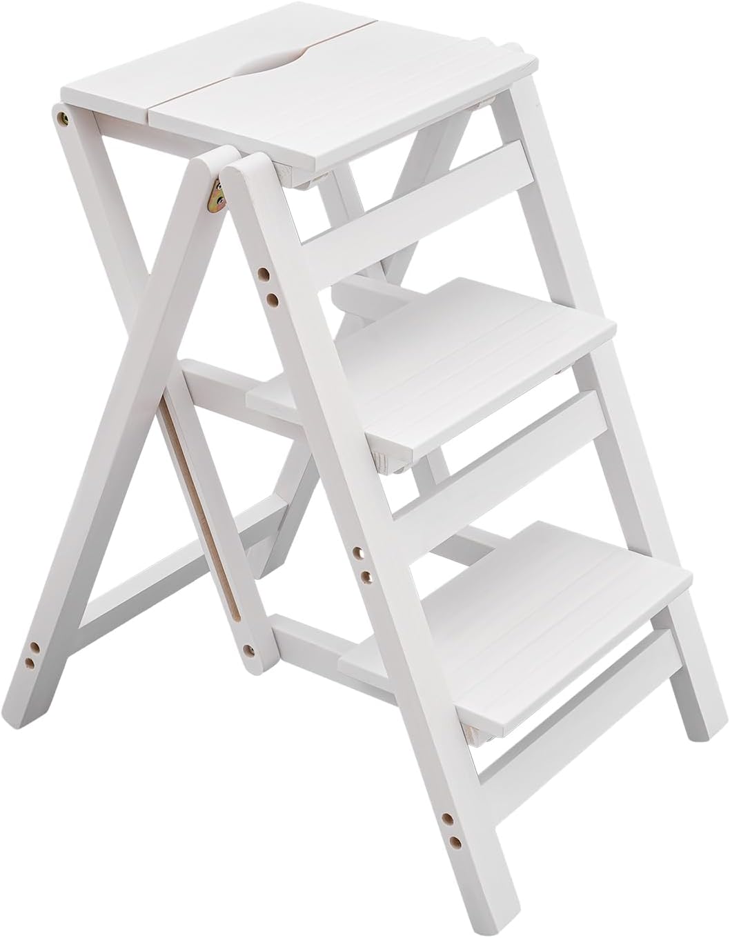Step Stool for Adults Step Ladder Counter Chair, 3-Step Folding Portable Wooden Step Stool for Library Home Kitchen, 220 lbs White