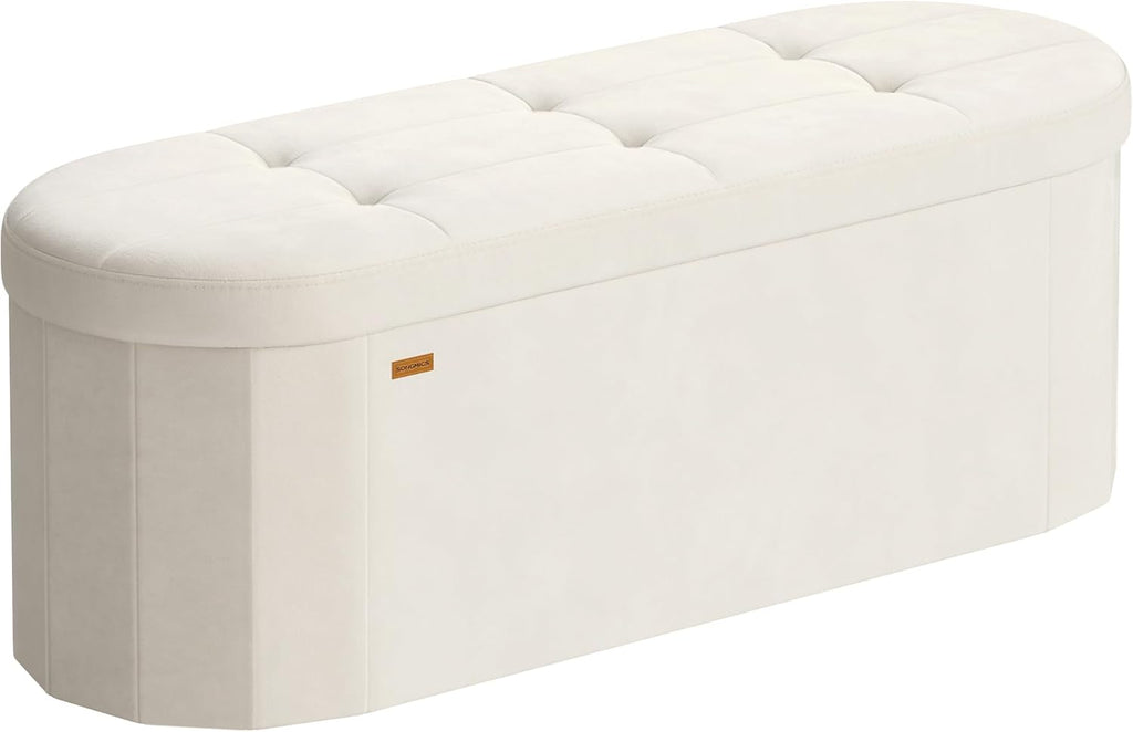 SONGMICS Mazie Collection - Folding Ottoman with Storage, Oval Storage Ottoman Bench, for Living Room, Bedroom, Velvet Fabric, 15 x 43 x 15 Inches, Cream White ULSF297LH01
