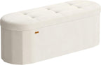SONGMICS Mazie Collection - Folding Ottoman with Storage, Oval Storage Ottoman Bench, for Living Room, Bedroom, Velvet Fabric, 15 x 43 x 15 Inches, Cream White ULSF297LH01