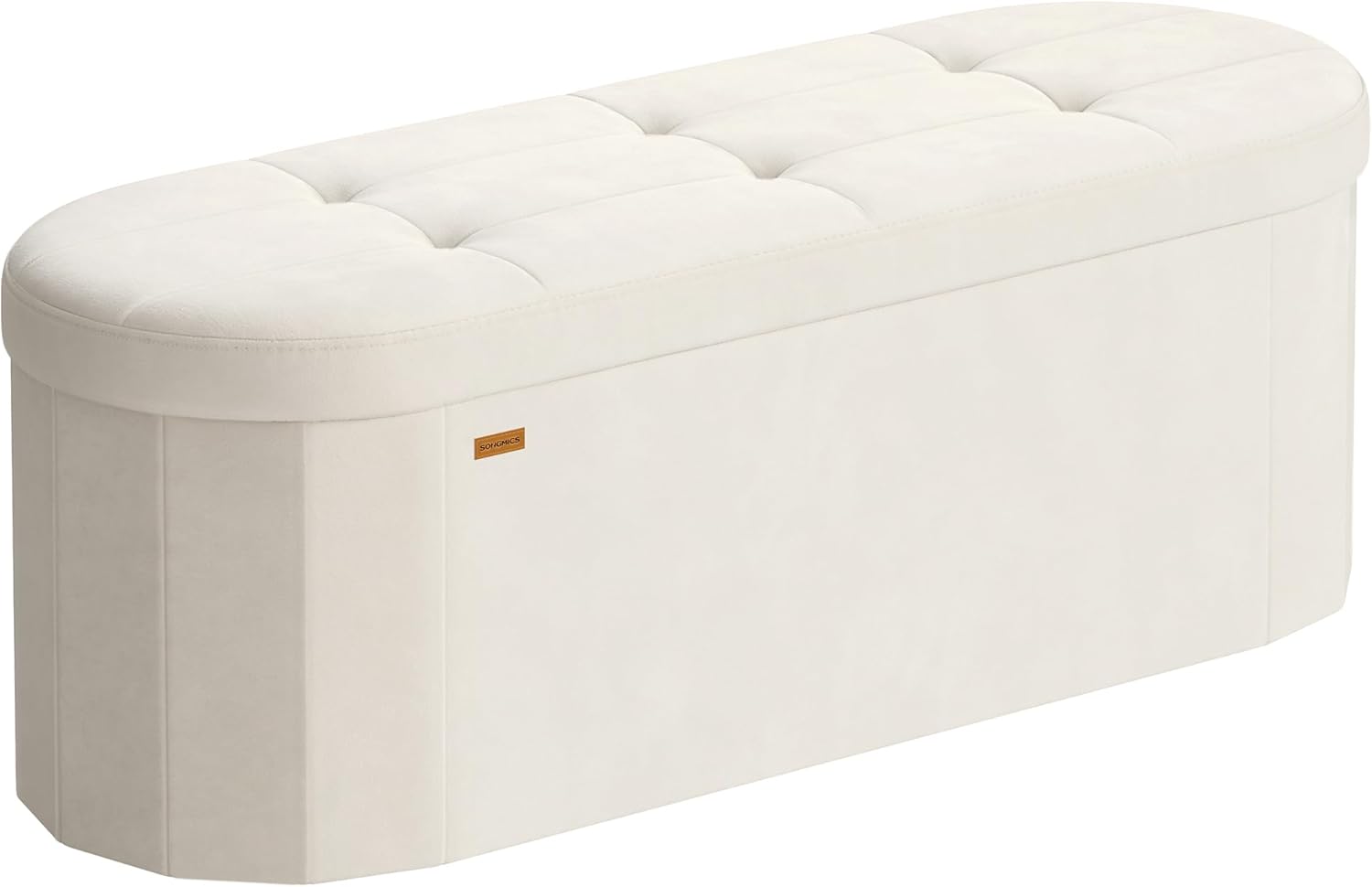 SONGMICS Mazie Collection - Folding Ottoman with Storage, Oval Storage Ottoman Bench, for Living Room, Bedroom, Velvet Fabric, 15 x 43 x 15 Inches, Cream White ULSF297LH01
