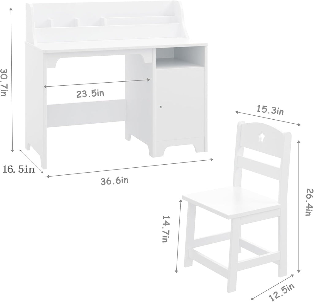 White Kids Desk with Chair, Study Desk for Boys Girls with Hutch, Storage Cabinet, Wooden Children Study Table, Student Writing Desk Computer Workstation for Kids Bedroom & Study Room,White