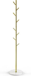 Coat Rack with Real Marble Base, Freestanding Metal Clothing Rack with 8 Hooks, Modern Hall Tree for Entryway, Bedroom & Office, Space Saving Coat Hanger Stand for Small Spaces (Gold)