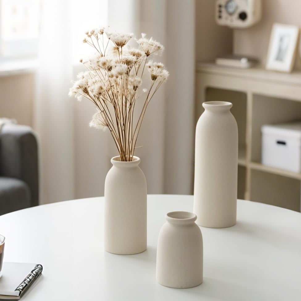 Ceramic Vase Set-3, Small Flower Vases for Decor, Modern Boho Farmhouse Style, Decorative Vases for Pampas Grass & Dried Flowers, Distressed Finish (Beige)