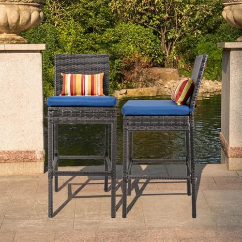 Sundale Outdoor Wicker Bar Stool Set of 2, 30 Inch Seat Height Patio Counter Height Stool with Back Rest, Rattan Woven Tall Chair with Pillow & Navy Blue Cushion, High Bar Stool - Steel, Charcoal