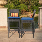 Sundale Outdoor Wicker Bar Stool Set of 2, 30 Inch Seat Height Patio Counter Height Stool with Back Rest, Rattan Woven Tall Chair with Pillow & Navy Blue Cushion, High Bar Stool - Steel, Charcoal