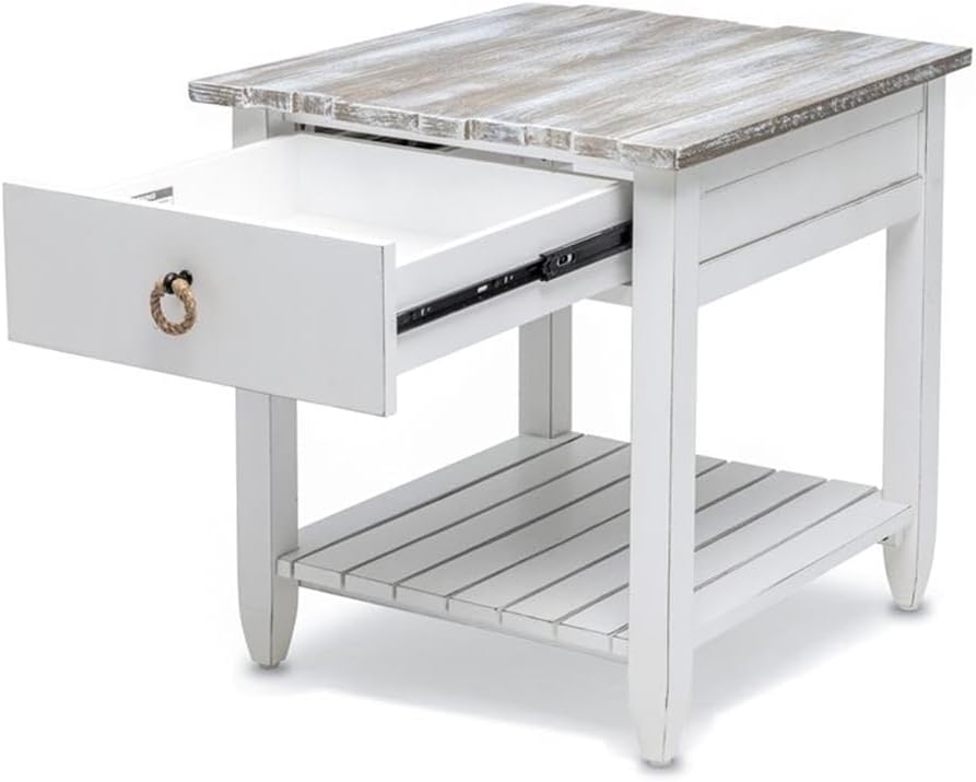 Pemberly Row Contemporary Wood End Table with Drawer, White/Gray Finish, 24" H x 22" W x 24" D, Solid Mindi and White Cedar Wood, Coastal Style, Textured Design, Ball Bearing Glides, Living Room Side