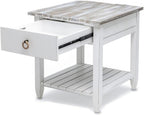 Pemberly Row Contemporary Wood End Table with Drawer, White/Gray Finish, 24" H x 22" W x 24" D, Solid Mindi and White Cedar Wood, Coastal Style, Textured Design, Ball Bearing Glides, Living Room Side