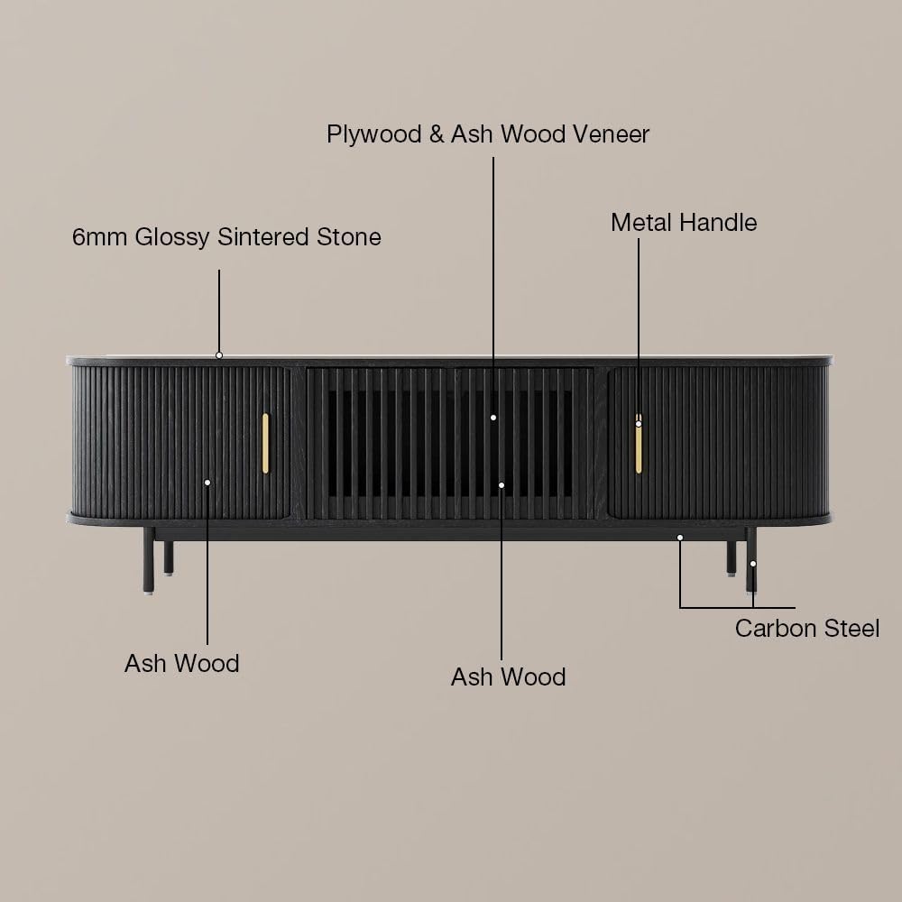POVISON Fully-Assembled Sliding Tambour Door TV Stand, Mid Century Modern Sintered Stone TV Console, Wood Media Console for 85 Inch TV, Entertainment Center with Storage Cabinet(Black, 94.49")