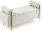 Elegant Upholstered Linen Storage Bench with Cylindrical Arms and Iron Legs for Hallway Living Room Bedroom, Beige