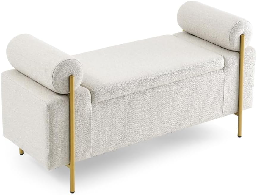 Elegant Upholstered Linen Storage Bench with Cylindrical Arms and Iron Legs for Hallway Living Room Bedroom, Beige