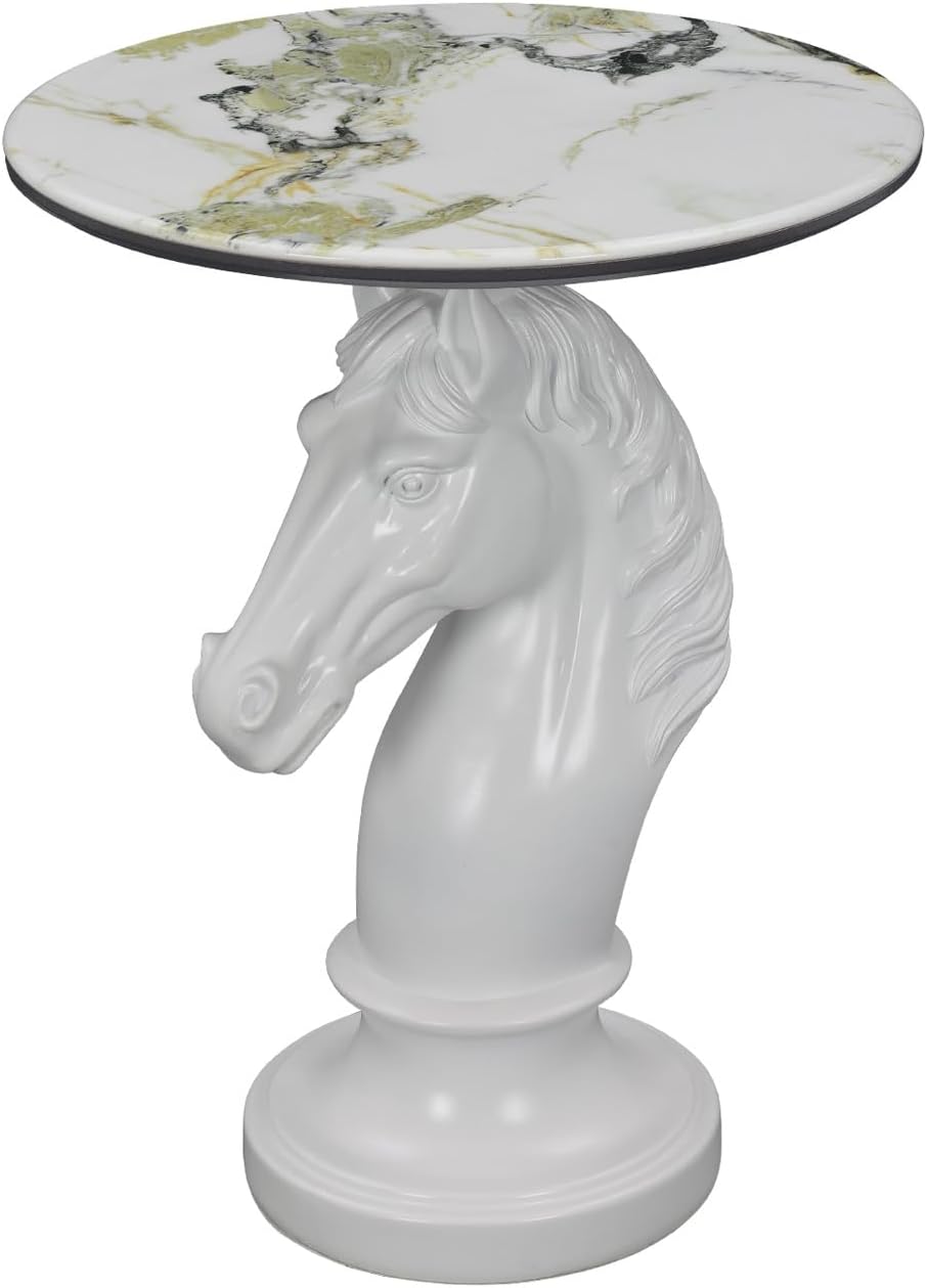 Horse Head Accent Side Table, Unique Resin Animal Statue End Tables with Faux Marble Top, Modern Classical Decoration for Home, Living Room Bedroom and Entryway (White Horse Head)