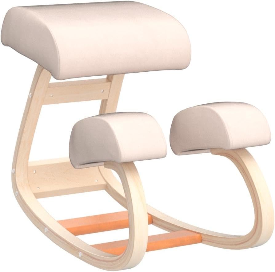 Sleekform Ergonomic Kneeling Chair - Home Office Rocking Desk Stool for Active Sitting - White Comfortable Cushions Wood