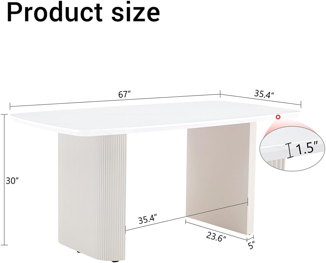 White Oval Dining Table, 67'' Dining Room Table for 4-8 People, Modern Oval Kitchen Table with White Faux Marble Tabletop and Ripple Base, Table Only