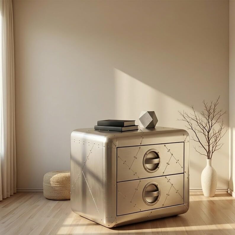 Aviator Side Table with 2 Drawers, Aluminum Stool, Aviation Home Office Decor, Industrial Metal Furniture for Living Room, Bedroom, Office