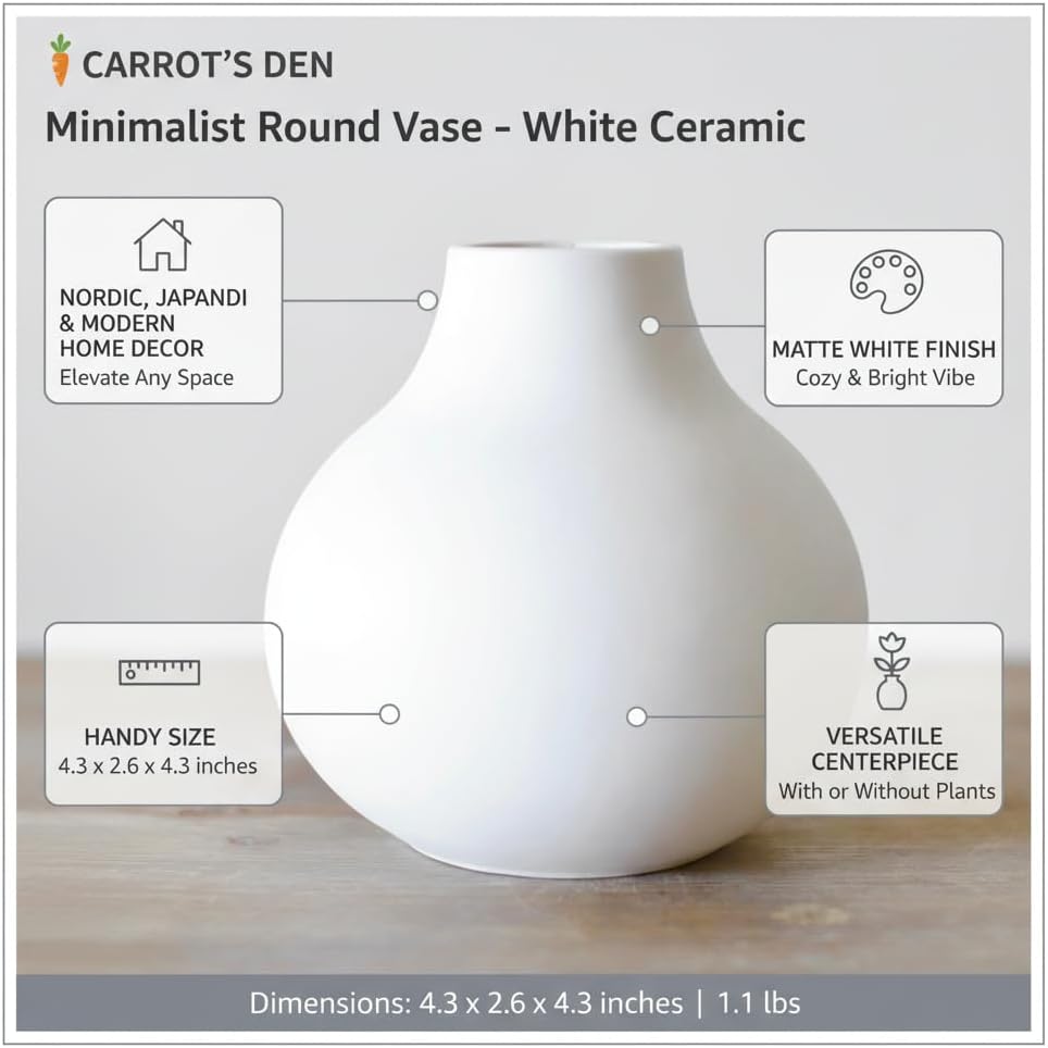 Carrot's Den White Round Vase - Minimalist Nordic, Japandi, Mid Century Modern Home Decor | Table Centerpiece, Wedding, Living Room, Bookshelf, Office, Modern Home, Entryway, Console (White)