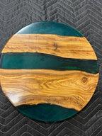 Handcrafted Olive Wood and Walnut Nesting Tables with Resin Inlay, Round Tops, Hairpin Legs, Set of 3 (Green, Olive)