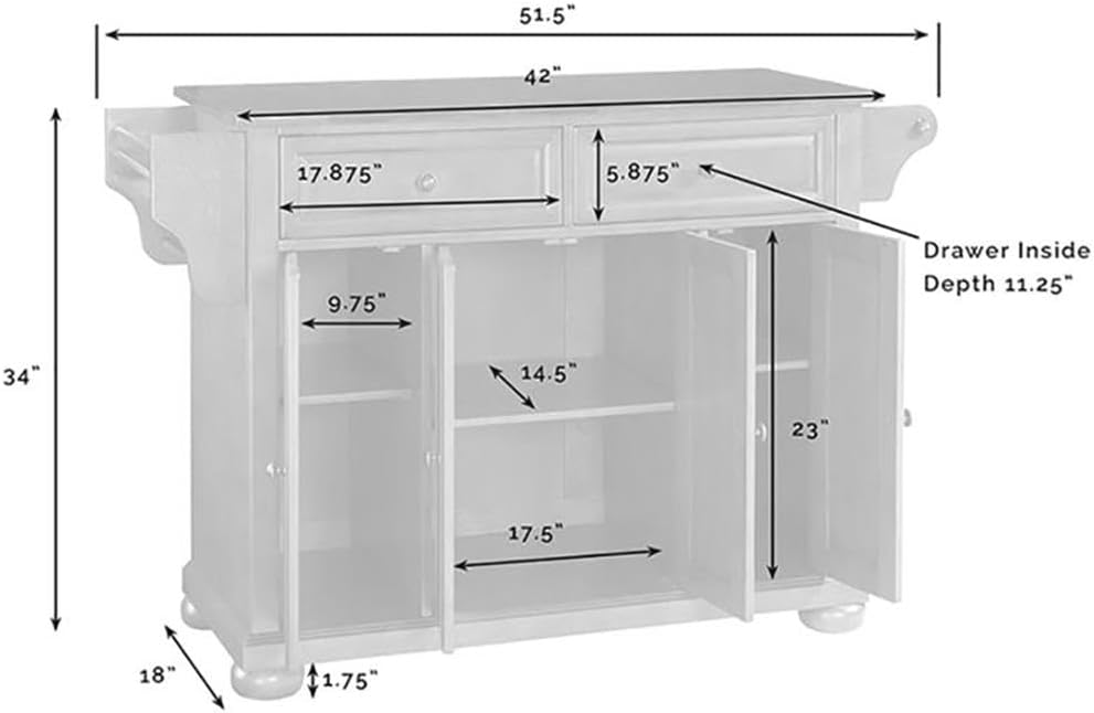 Pemberly Row Traditional Wood Kitchen Island, 51.5 in W x 18 in D x 34 in H, Solid Hardwood and Veneer Construction, Black/Natural Finish, Adjustable Shelves, Storage Drawers, Spice Rack, Towel Bar