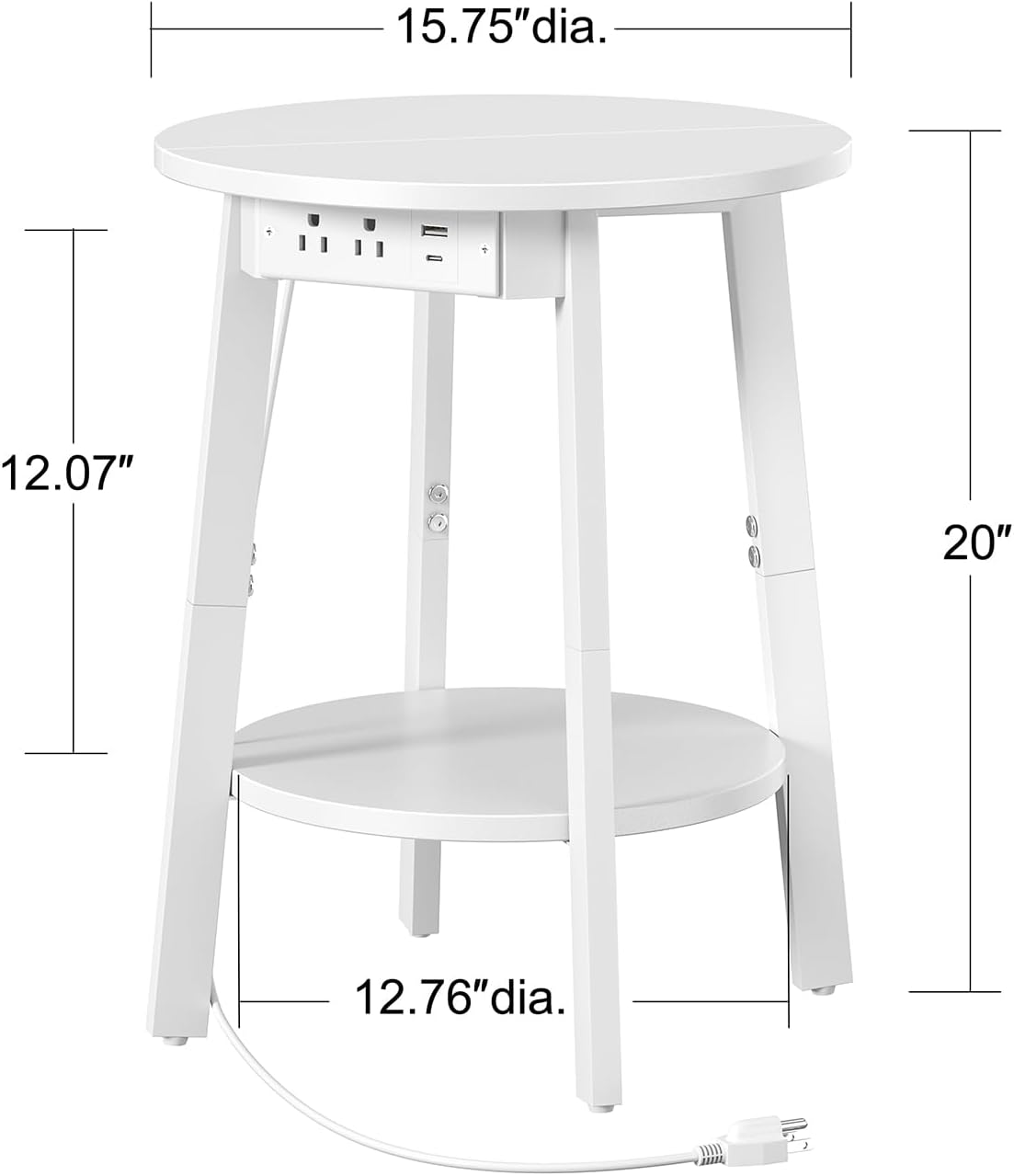 sthmec Round End Table with Charging Station, White LED Small Side Table for Small Space, USB Power Oulets & LED Strip, 2-Tier Round Accent Table Couch Sofa Nighstands for Living Room, Bedroom, White