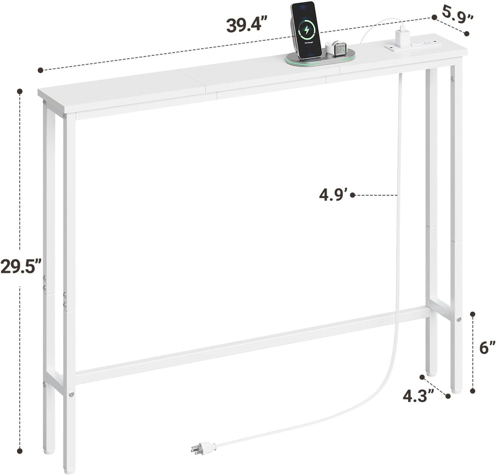 ELYKEN 5.9" Narrow Console Sofa Table with Power Outlets, Total 39.4” Long Behind Couch Table with Charge Station and 4.9’ Extension Cord for Living Room, 5.9" D x 39.4”W x 29.5”H, White