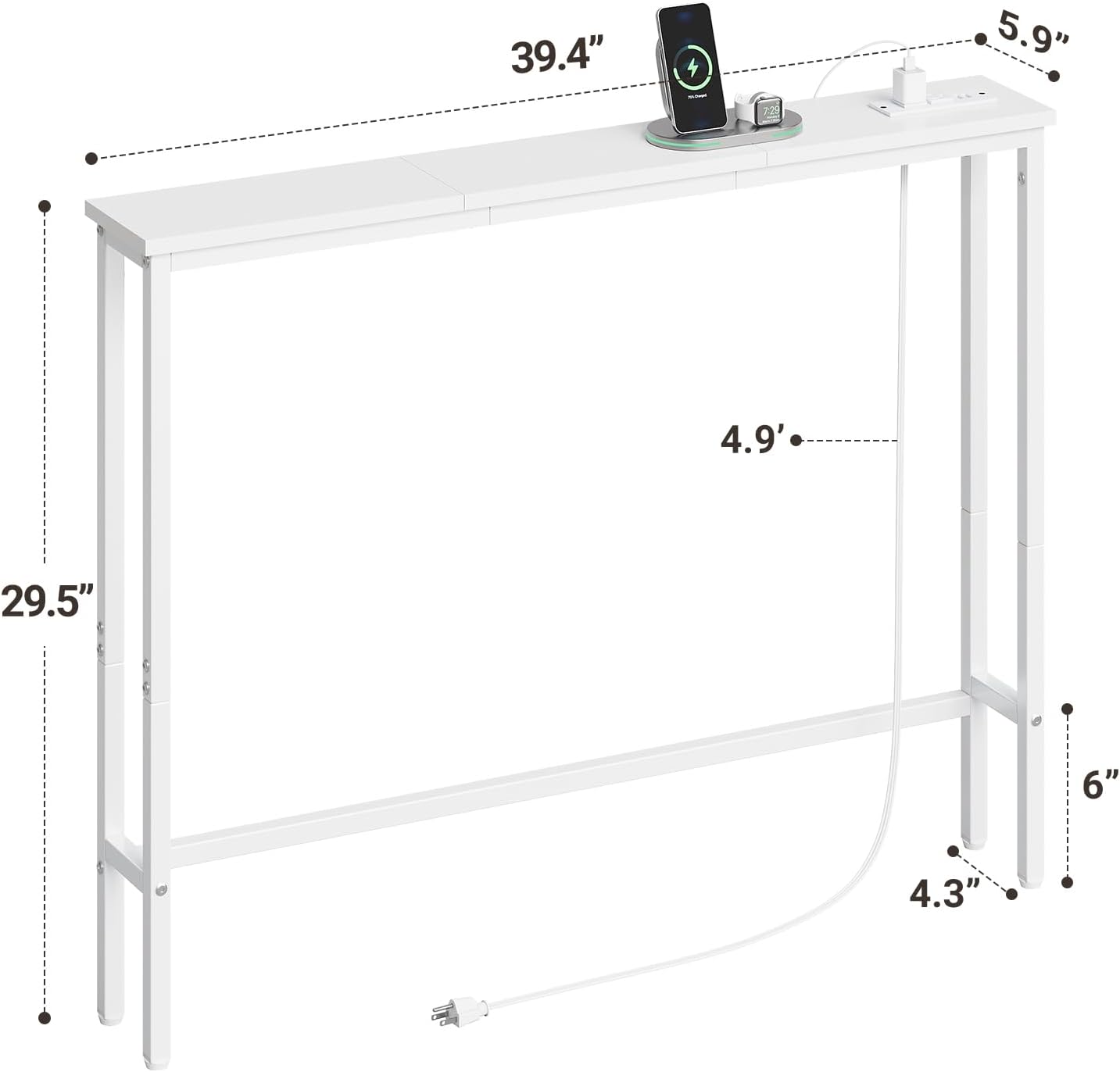 ELYKEN 5.9" Narrow Console Sofa Table with Power Outlets, Total 39.4” Long Behind Couch Table with Charge Station and 4.9’ Extension Cord for Living Room, 5.9" D x 39.4”W x 29.5”H, White