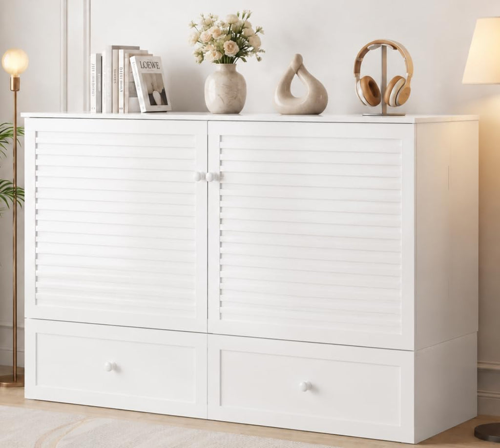 BALUS 63.3“W Murphy Bed Queen, Cabinet Bed with USB Ports & Large Storage Drawer, Wooden Murphy Cabinet Beds, Queen Wall Bed for Living Room/Bedroom -White
