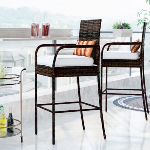Sundale Outdoor Wicker Bar Stool Set of 2, Patio Counter Height Pub Chair with Arms, High Top Rattan Barstool, Cushion Beige, All-Weather Outdoor Rattan Furniture