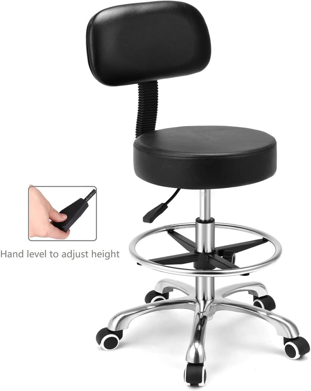 Kaleurrier Rolling Stoools with Back Rest, Swivel Adjustable Heavy Duty Stool Chair for Salon Kitchen Counter Lab Garage Dentist Office Drafting Standing Desk - with Wheels(Black with Footrest)