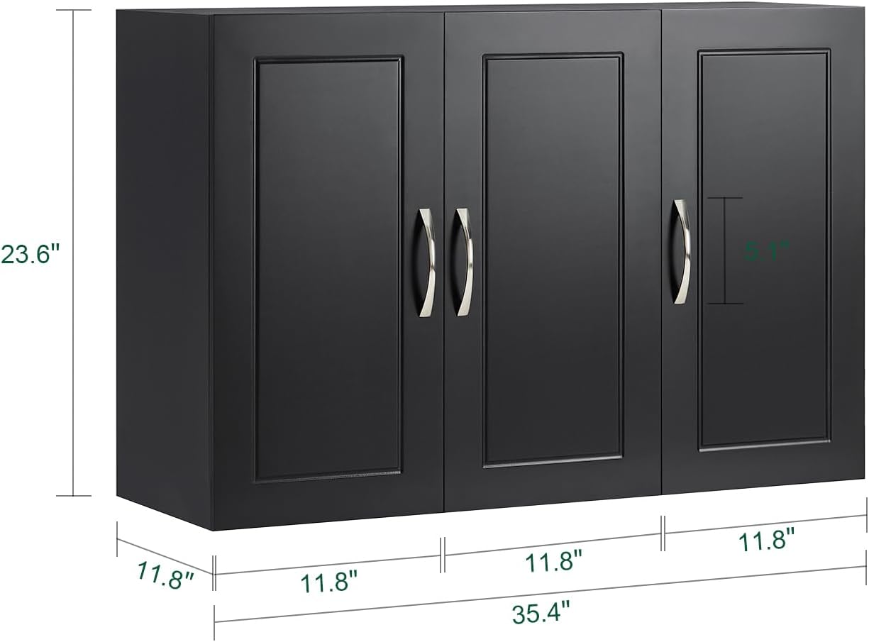 3-Doors Bathroom and Laundry Room Wall Cabinet with Adjustable Shelves, Medicine Cabinet, Wall Mounted MDF Storage Organizer Over Toilet or Washer, Black, HUS-FRG231-L