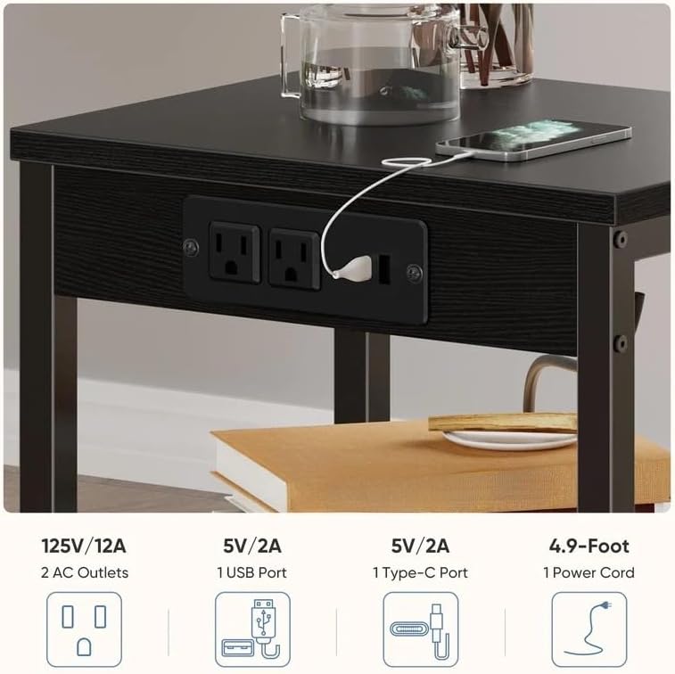 Small Side Table with Charging Station, 3-Tier Adjustable Nightstand with Outlets and USB Ports for Living Room Bedroom, Black Metal End Table for Small Spaces