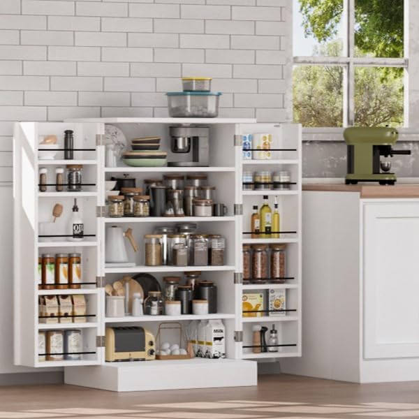 VINGLI Pantry Cabinet, White Kitchen Storage Cabinet with 2 Doors and Adjustable Shelves, 40.5" H Food Storage Freestanding Cupboard for Small Space in Dining Room, Living Room