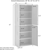 Pemberly Row Traditional Wood Kitchen Storage Pantry, Navy Finish, MDF and Birch Veneer, 67" H x 28" W x 15" D, Adjustable Shelves, Shaker-Style Doors, Brushed Nickel Hardware, Home and Kitchen