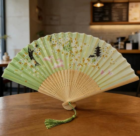 Cherry Blossom Rabbit Folding Hand Fan with Tassel, Vintage Japanese Style Foldable Fan, Elegant Handheld Cooling Fan