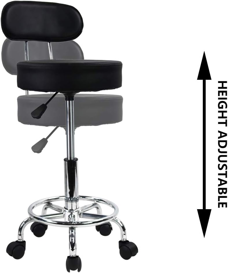 KKTONER PU Leather Rolling Stool Mid-Back with Footrest Height Adjustable Office Computer Home Drafting Swivel Task Chair with Wheels (Black)