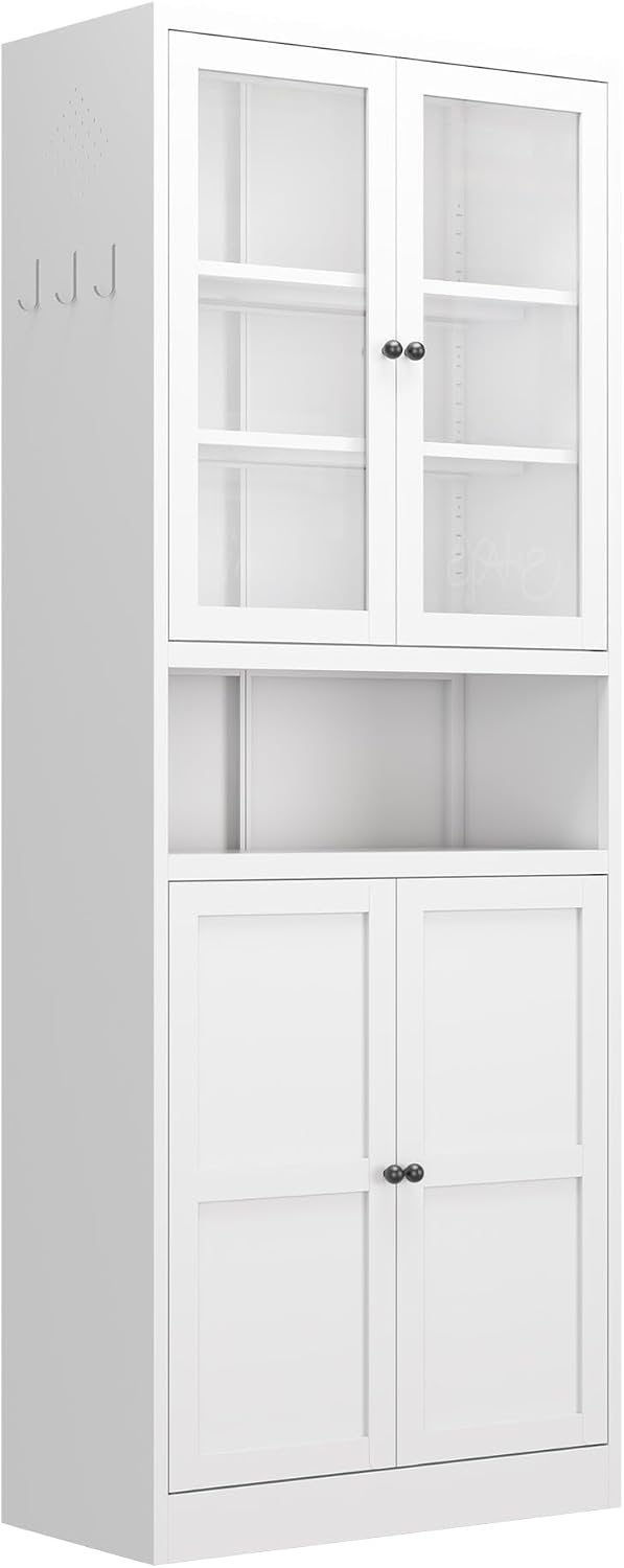 72 Inch White Metal Pantry Cabinet, Freestanding Kitchen Storage with Adjustable Shelves & Stainless Steel Frame, Heavy Duty Organizer for Kitchen, Pantry, Bathroom or Utility Room