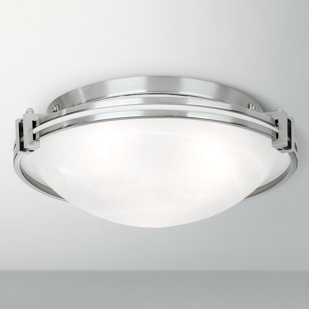 Possini Euro Design Modern Ceiling Light Flush Mount Fixture 16 3/4" Wide Brushed Nickel Silver Metal Marbleized Glass Shade for Bedroom Kitchen Living Room Family Hallway Bathroom House Dining