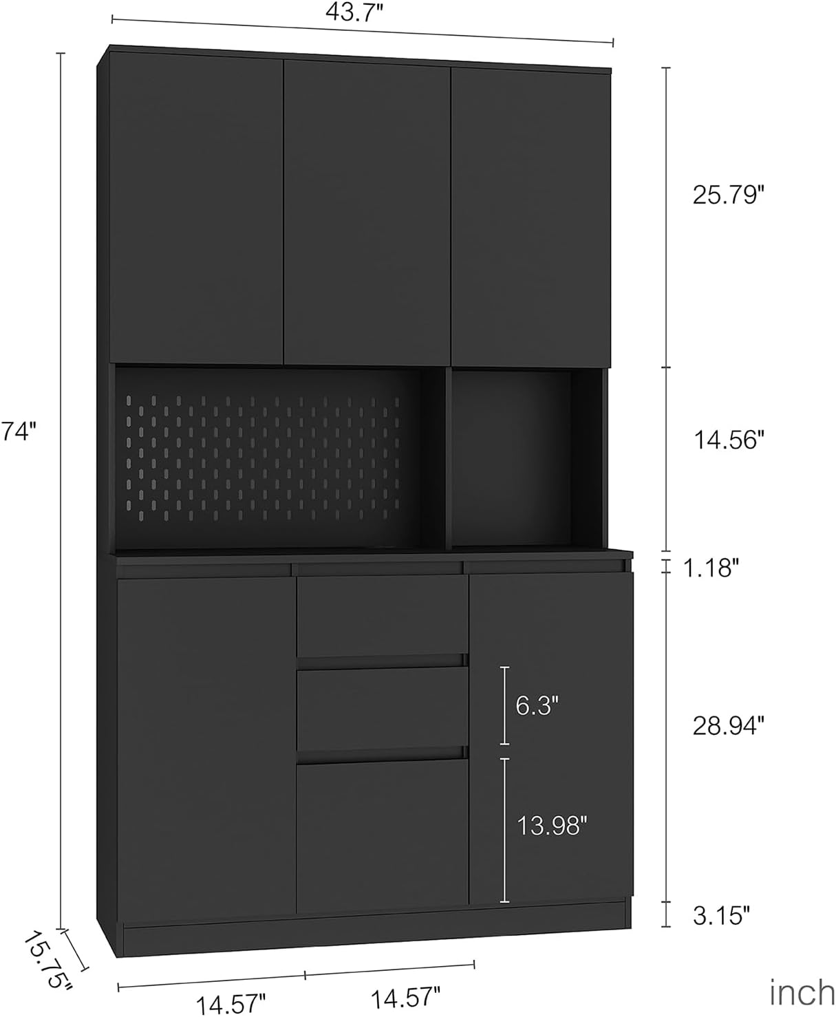 74’’ Farmhouse Kitchen Pantry Cabinet, Tall Kitchen Storage Cabinet with Power Outlet and Microwave Stand, Freestanding Kitchen Hutch Cabinet with 2 Drawers, 6 Doors for Kitchen Living Room, Black