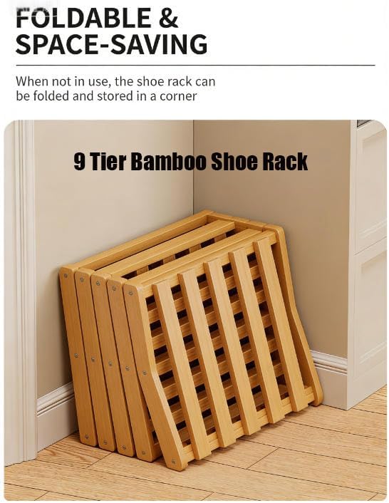 The 9-Tier No-Assembly Bamboo Rack, 2026 New 9 Tier Bamboo Shoe Rack, Bamboos Shoes Storage Racks, Foldable Vertical Organizer for Entryway, Closet, Bedroom, Small Spaces (Nature 9 Tier)