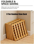 The 9-Tier No-Assembly Bamboo Rack, 2026 New 9 Tier Bamboo Shoe Rack, Bamboos Shoes Storage Racks, Foldable Vertical Organizer for Entryway, Closet, Bedroom, Small Spaces (Nature 9 Tier)