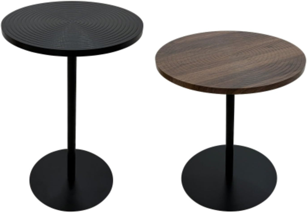 Set of 2 Small Round Side Table Wooden Concentric Circles Coffee Table for Two Metal Pedestal Nightstand for Corner Small Space