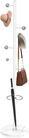 Coat Rack Stand, White Metal Coat Rack Freestanding with 8 Hooks | Coat Rack with Natural Marble Base,Modern Coat Hanger Stand, 3 Adjustable Coat Hall Clothes Tree Stand for Office
