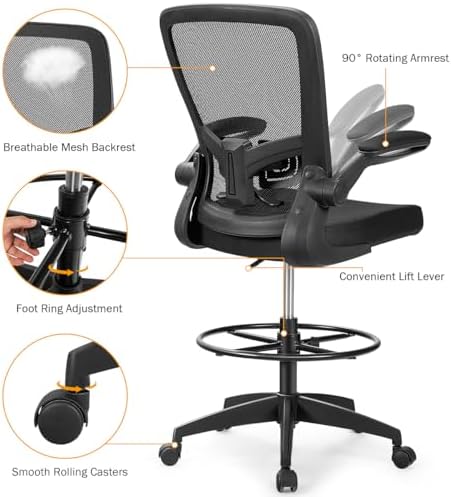 Giantex Drafting Chair High Back Office Chairs with Footrest Ring Flip-Up Armrest Height Adjustable Executive Desk Chair Ergonomic Mesh Computer Task Chair Lumbar Support Tall Office Chair (1, Black)